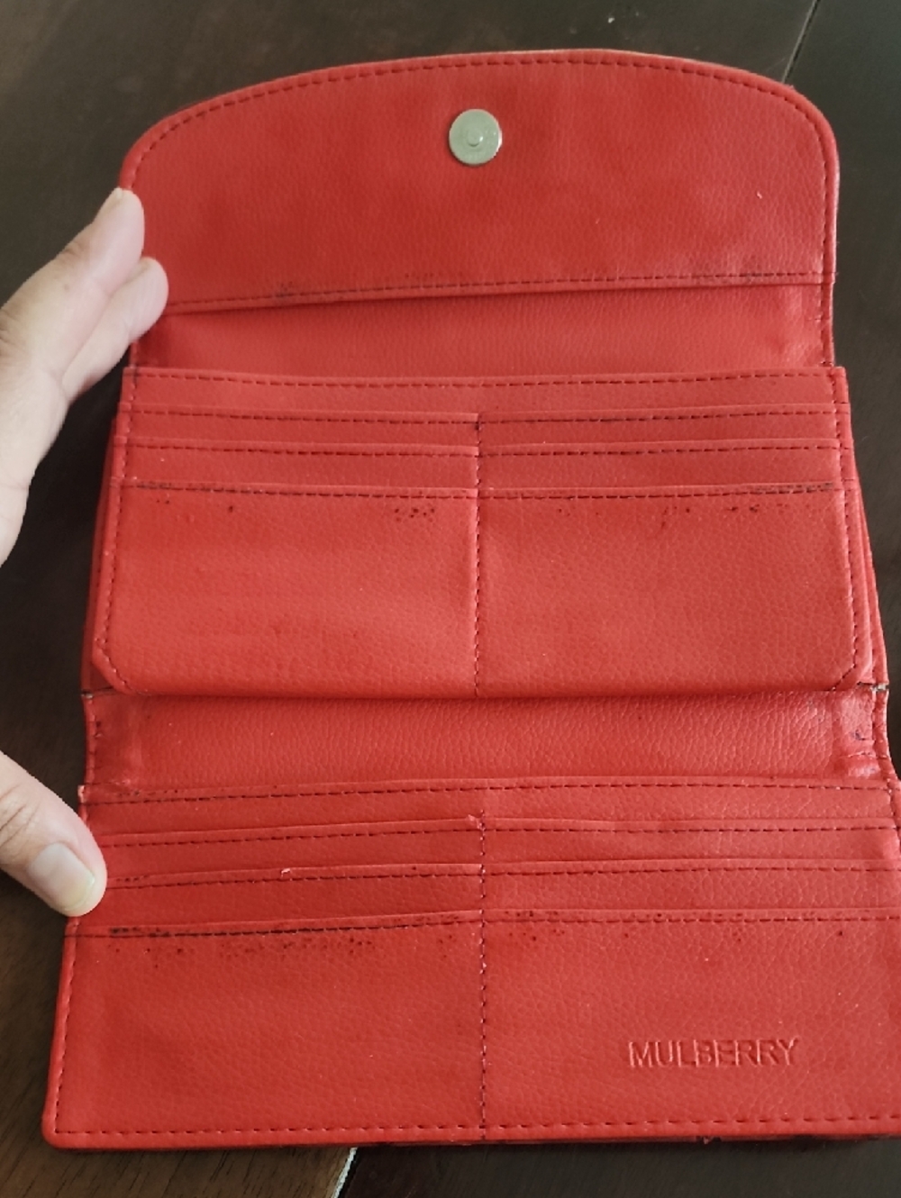 Mulberry Red Ostrich Embossed Leather Wallet Gold Tree Medallion Flap - Picture 5 of 8